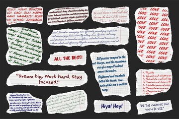 Wall Mural - ripped paper strips with handwritten text. realistic crumpled paper scraps with torn edges. shreds o