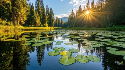 Poster - Sunlit lake with lily pads and tranquil pine forest reflection