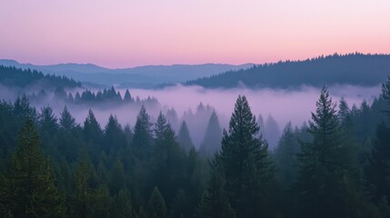 Wall Mural - as dawn breaks, a magical mist blankets the forest, shrouding the towering trees in mystery and crea