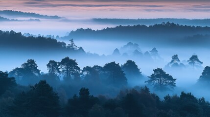 Wall Mural - as dawn breaks, a magical mist blankets the forest, shrouding the towering trees in mystery and crea