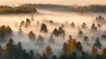 Wall Mural - as dawn breaks, a magical mist blankets the forest, shrouding the towering trees in mystery and crea