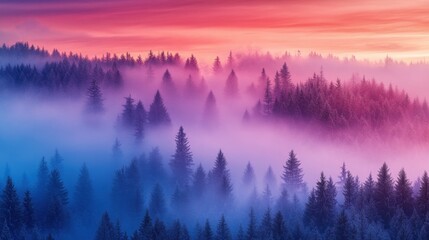 Wall Mural - as dawn breaks, a magical mist blankets the forest, shrouding the towering trees in mystery and crea