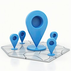 Wall Mural - multiple blue location markers on a map. a central, larger marker indicates a primary location, surr