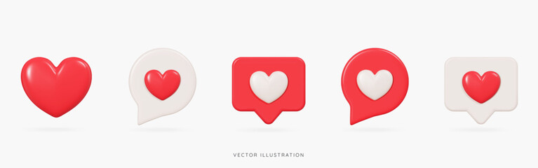 3D Social media likes and emoji icon set. Speech bubble messages with red and beige hearts. Love chat. Reaction buttons. Valentine's Day. Cartoon design icons isolated on white. 3D Vector illustration