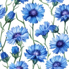 Wall Mural - Elegant watercolor seamless pattern of vibrant blue cornflowers against a crisp white background