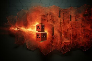 Wall Mural - red glowing music notes inside digital cubes emerging from network grid with orange lights over dark