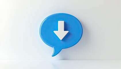 Wall Mural - download icon: a 3d rendered blue speech bubble with a white downward arrow, symbolizing downloading