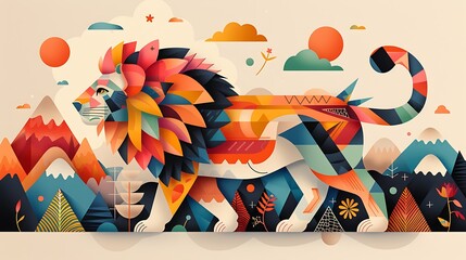 Wall Mural - Colorful lion walking, mountains background, nature art, ideal for illustration