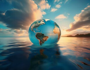 floating globe in calm water under a cloudy sky showcasing the beauty of earth