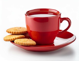 Wall Mural - elegant red cup of tea with biscuits on a white background