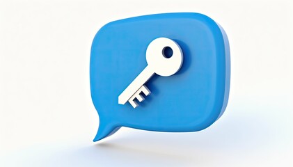 Wall Mural - a 3d rendering of a blue speech bubble with a silver key icon. this image symbolizes access, communi