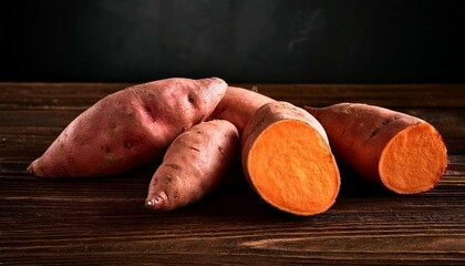 Wall Mural - sweet potatoes vegetables on a dark wooden table