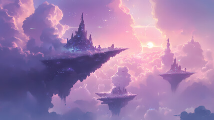 Wall Mural - Ethereal purple cloud formation dreamlike floating haven soft wisps gentle gradients serene sky background subtle light rays peeking through. Cloud Harbor. Illustration