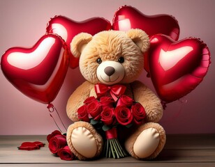 teddy bear with a rose bouquet and heart shaped balloons