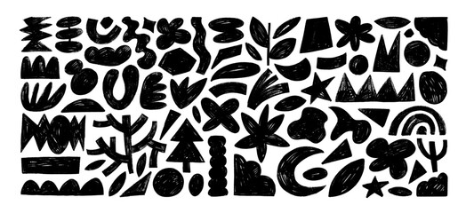 Aufkleber - Funky abstract organic shapes, plants and geometric forms drawn by a crayon.