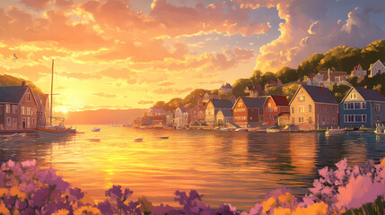 Wall Mural - Vibrant coastal village at sunset: a picturesque harbor town with colorful houses and tranquil waters, bathed in the warm glow of the setting sun. Cloud Harbor. Illustration