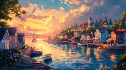 Wall Mural - Vibrant coastal village at sunset: a picturesque harbor town with colorful houses and tranquil waters, bathed in the warm glow of the setting sun. Cloud Harbor. Illustration