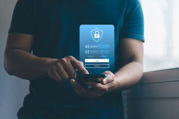 Aufkleber - Cyber security concept. Cybersecurity and privacy to protect data. Lock icon internet network security technology. Business people secure access to personal data on smartphone virtual screen interface