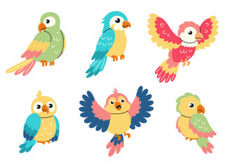 Wall Mural - Set of illustrations in children's style. Cute parrots in different poses. Flat vector illustration.