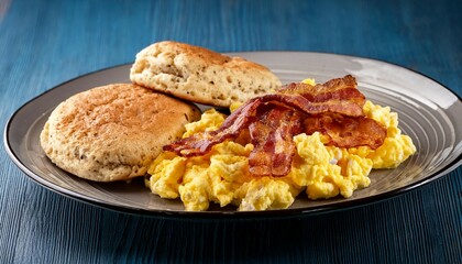 Wall Mural - scrambled eggs with bacon and biscuits on a breakfast plate