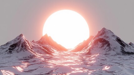 Wall Mural - surreal sunset over snow-covered mountains with glowing sun.