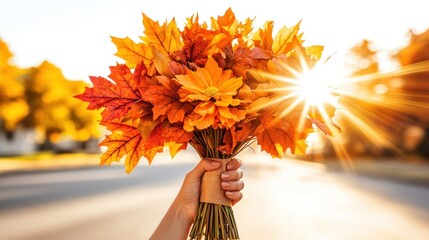 Wall Mural - Autumn leaves bouquet held in hand against sunlit background.