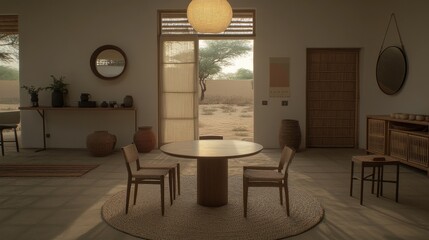 Poster - Minimalist desert home interior with round dining table, chairs, and natural light.