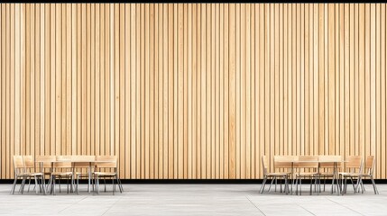 Wall Mural - Modern wooden wall with two matching tables and chairs.