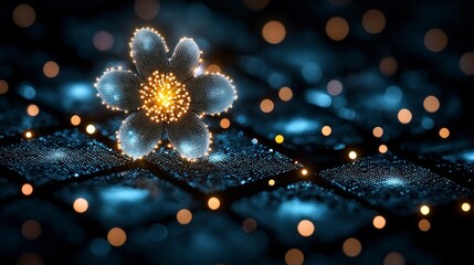 Wall Mural - Glowing flower over blue squares, bokeh lights