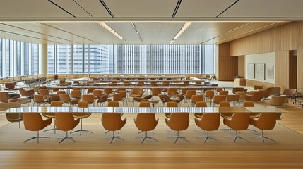 Poster - Modern conference room with large windows, light wood floors, and orange chairs arranged around glass tables.