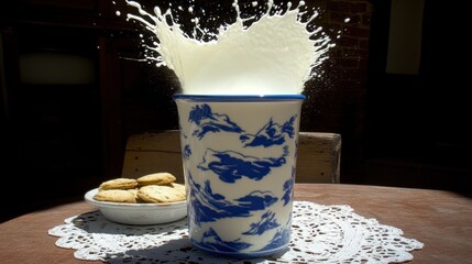 Wall Mural - Milk splashing in a blue and white patterned mug next to cookies.