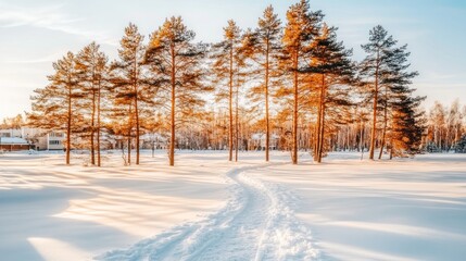 Wall Mural - sunlit winter path winding through snow-covered pine forest at sunrise.