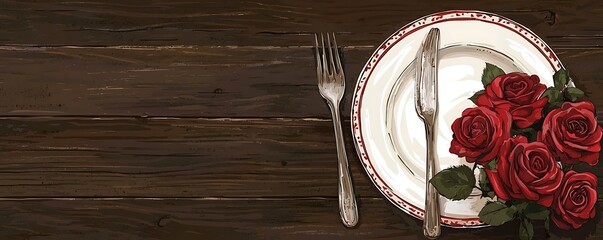 plate, cutlery, and red roses on a wooden background, creating a romantic dinner concept with free s