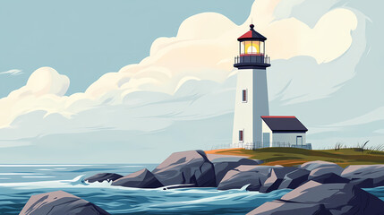 Wall Mural - A lighthouse is on a rocky shore. the water is choppy and the sky is cloudy. the lighthouse is lit up and the sun is shining on it. Cloud Harbor. Illustration