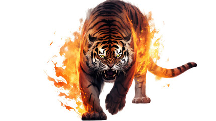 Wall Mural - roaring tiger with fire isolated on a white transparent background