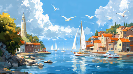 Wall Mural - Coastal village harbor with boats and flying seagulls. Cloud Harbor. Illustration