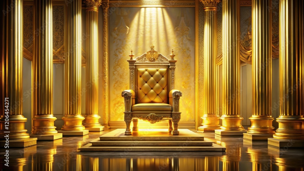 Abstract gold throne dominates a minimalist palace; elegant, AI ...