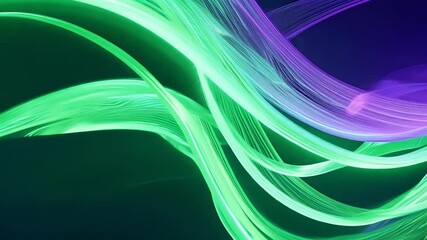 Wall Mural - Abstract waves of light in vibrant green and purple colors flowing in a dark backdrop, creating a dynamic visual effect.