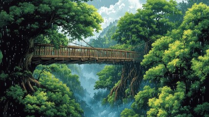 Canvas Print - Stunning Wooden Bridge in Lush Forest Canopy Overlooking Serene Waterfall Stream Under Vibrant Trees - Explore Tranquil Nature's Beauty and Scenic Landscape