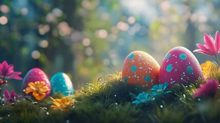 Wall Mural - Colorful easter eggs hiding in spring flowers and grass