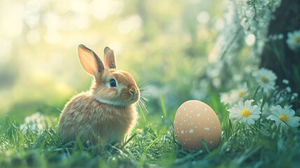 Wall Mural - Easter bunny discovering colorful egg in spring meadow during sunrise