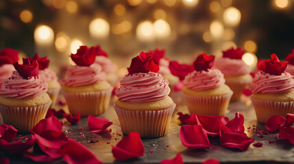 Wall Mural - A dessert table filled with cupcakes topped with red and pink frosting, surrounded by scattered rose petal