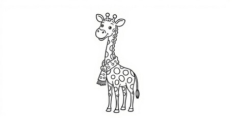  Cartoon giraffe with scarf in black and white outline. Coloring page style
