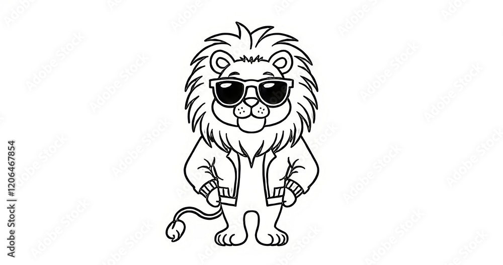 Cool lion cartoon wearing sunglasses and jacket. Coloring page style ...