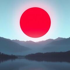 Wall Mural - Red circle sun over misty mountains and lake.