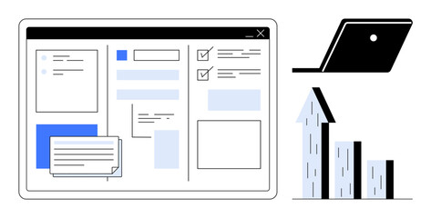 Computer monitor displaying organized digital workspace, laptop, and ascending bar graph. Ideal for productivity, data analysis, project management, business growth, digital tools optimization