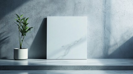 Aufkleber - White square canvas mockup leaning on marble shelf with plant in concrete interior