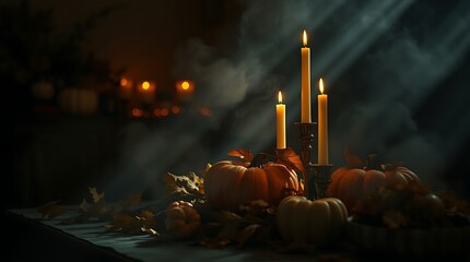 Lit candles and pumpkins on table with autumn leaves and smoke.