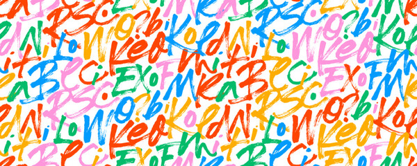 Poster - Colorful playful brush drawn letters seamless pattern. Hand drawn vector calligraphy background with bright letters in kid's style. Abstract text wallpaper, funky graffiti typography seamless banner.