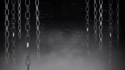 Wall Mural - Swinging Chains in the Dark 4K Loop features metallic chains hanging down and swinging in a dark room with a brick wall in back and smoke rising in a loop.